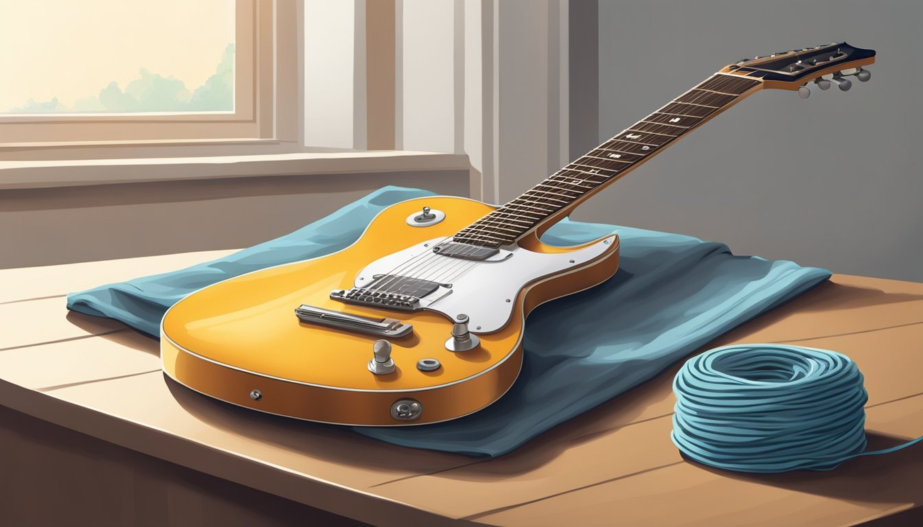 Yellow electric guitar on blue cloth, next to a spool of blue string