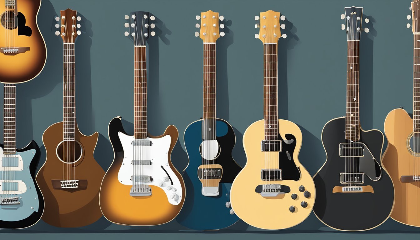 A collection of various guitars, including acoustic, electric, and bass, arranged in a neat row.</p><p>Each instrument has a distinct shape and style