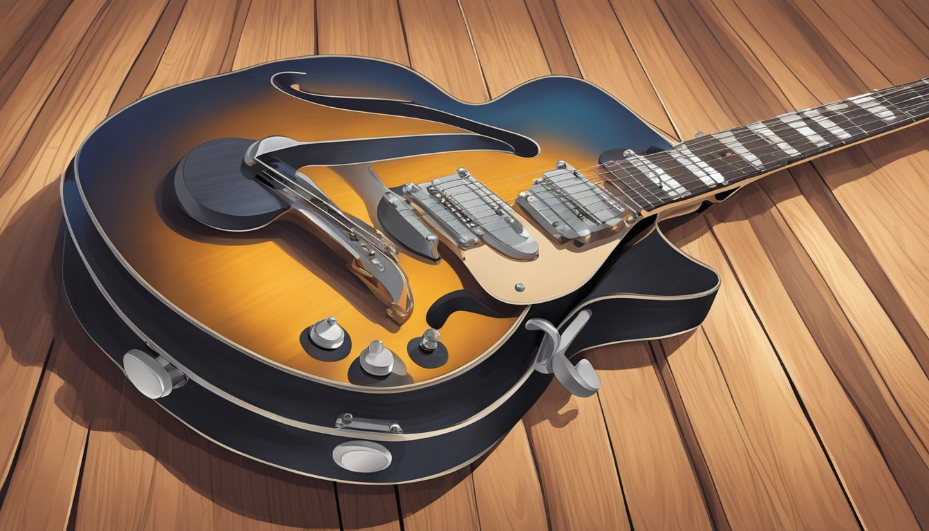 A guitar lying on a wooden surface, with its strings, frets, and tuning pegs visible