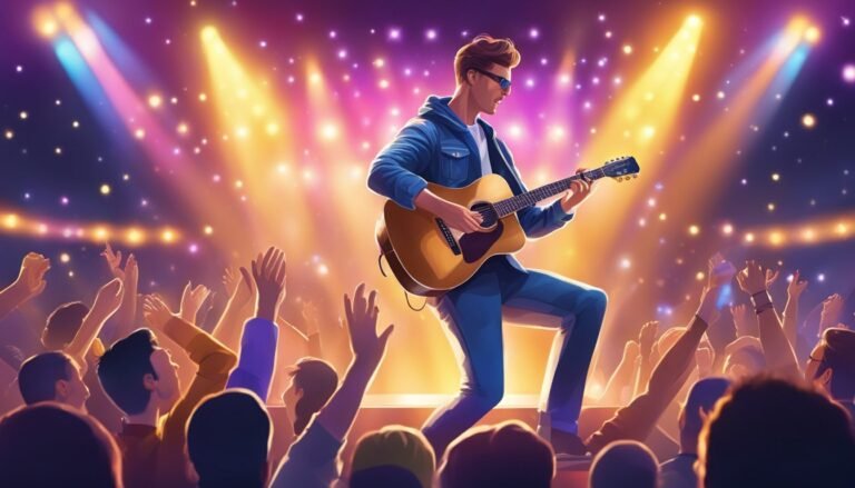 A musician playing guitar on stage with a crowd cheering