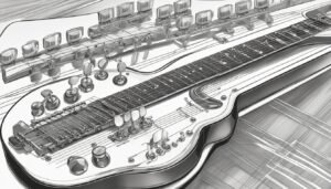 Black and white illustration of a double-necked steel guitar with many tuning pegs