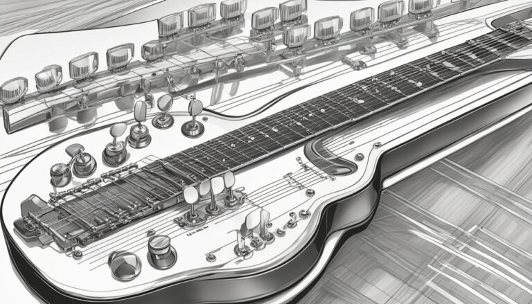 Black and white illustration of a double-necked steel guitar with many tuning pegs