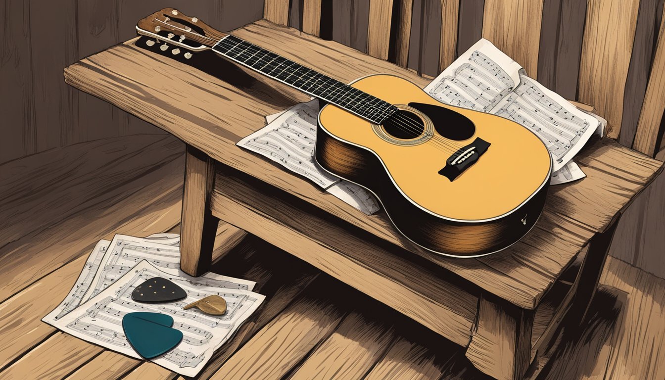 A vintage acoustic guitar sits on a weathered wooden chair, surrounded by scattered sheet music and a worn-out guitar pick