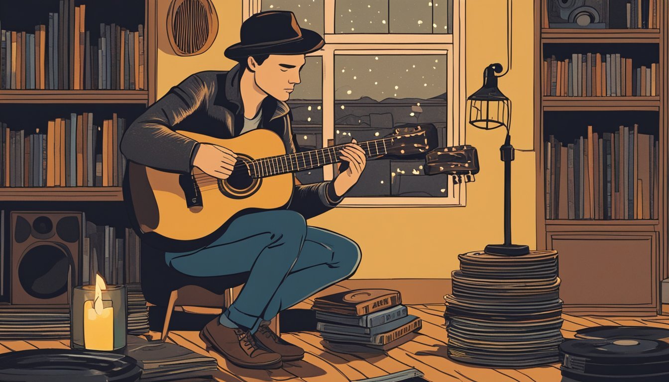 Zach Bryan plays his guitar in a dimly lit room, surrounded by vintage vinyl records and flickering candles.</p><p>The sound of his soulful music fills the air