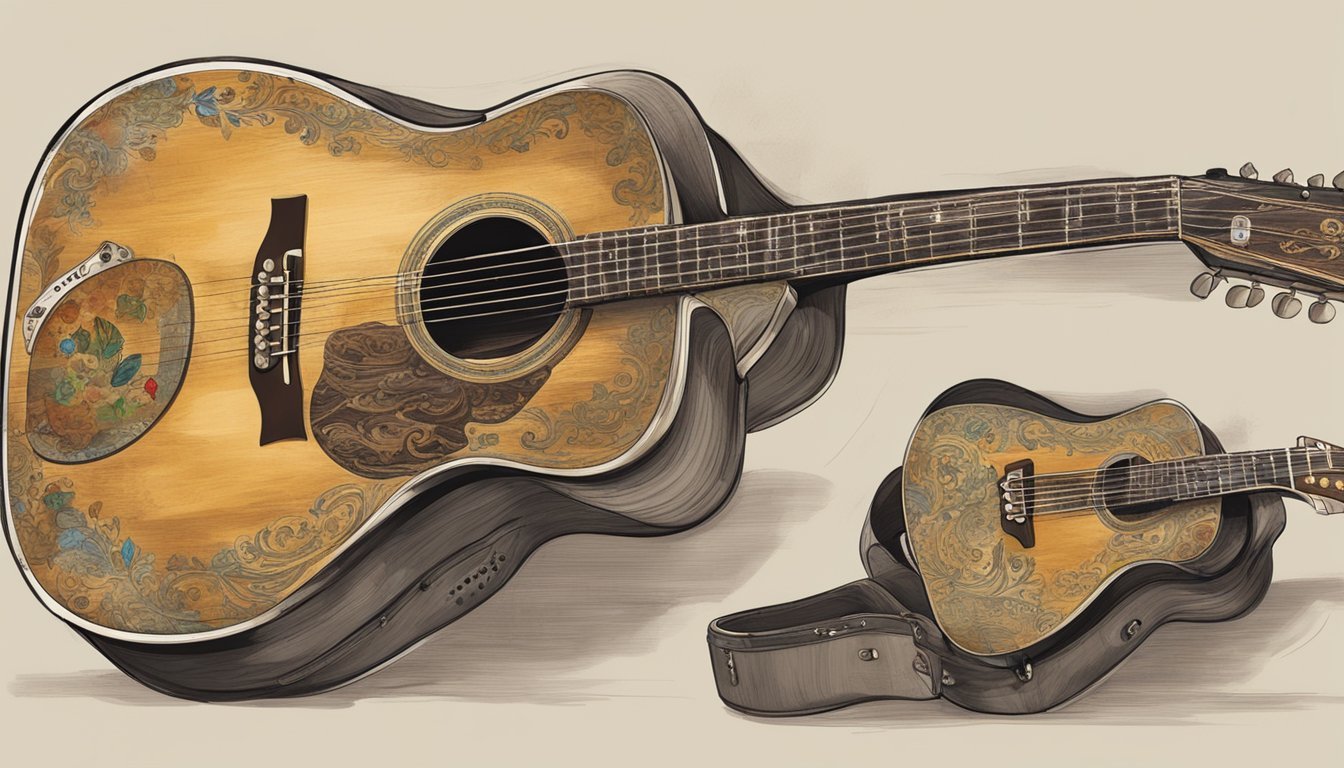 Zach Bryan's guitar: vintage acoustic, worn and weathered, adorned with stickers and scratches, well-loved and well-played