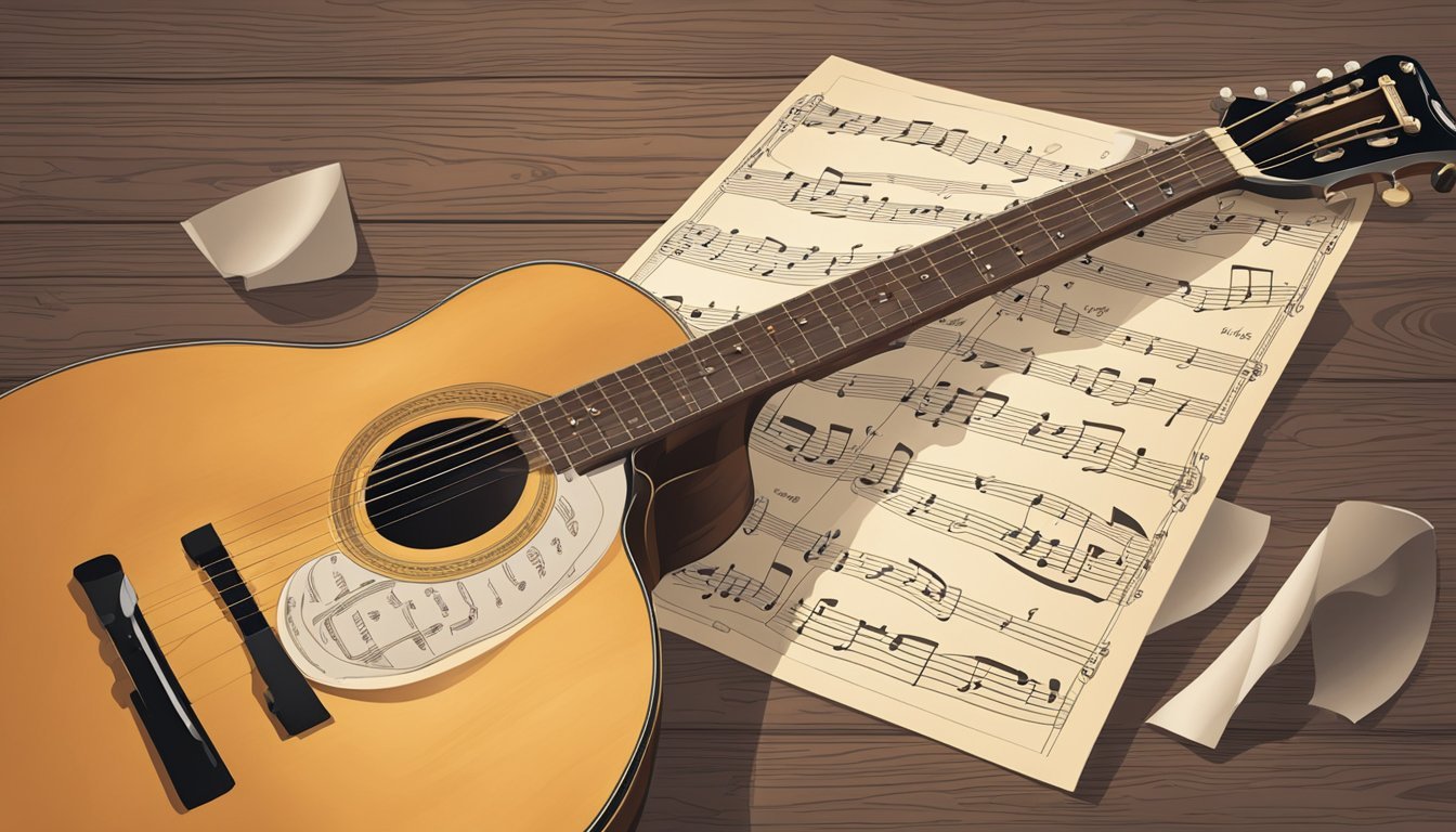 A guitar lying on a wooden table with a piece of sheet music next to it
