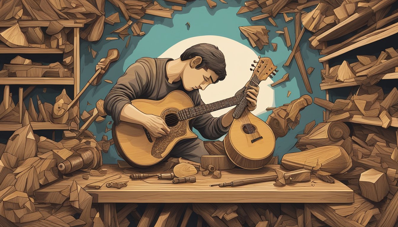 A man crafting a guitar in a wood-filled workshop