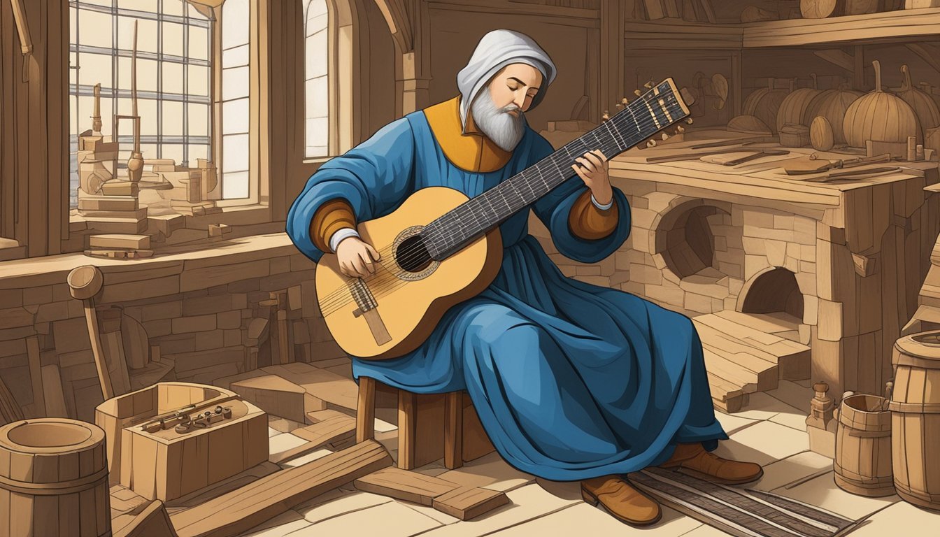 A person in the 15th century is seen crafting a prototype of the modern guitar, experimenting with different shapes and sizes