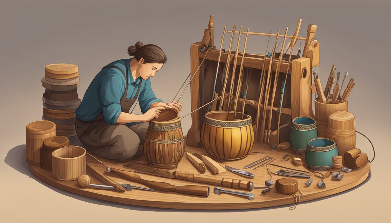 A figure crafting a wooden instrument with strings, surrounded by tools and materials