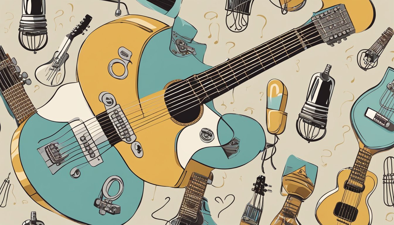 A vintage guitar surrounded by question marks and a light bulb above it