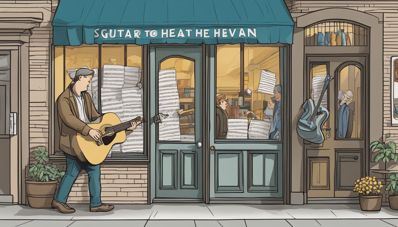 A sign on the door of a guitar store with a crossed-out image of the "Stairway to Heaven" sheet music.</p><p>Inside, a frustrated customer points at the sign while a salesperson shakes their head