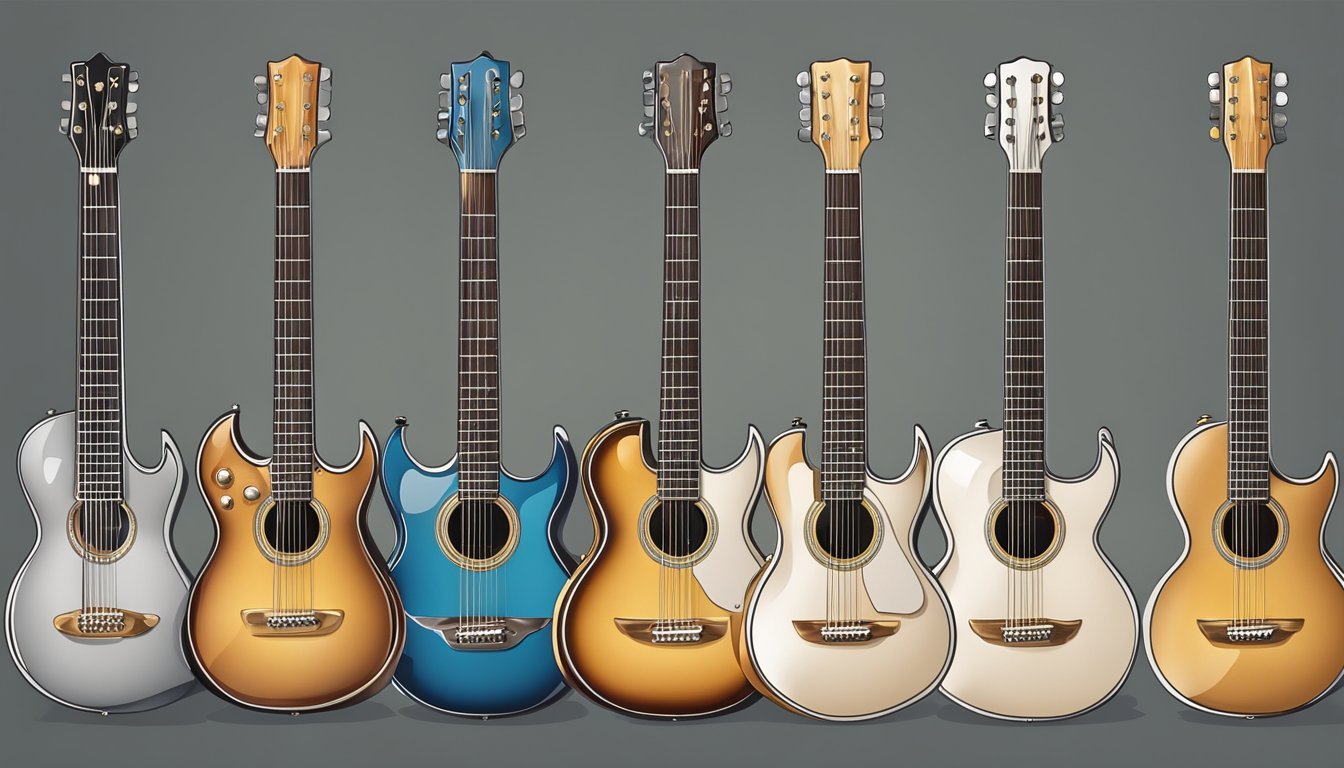 Six colorful acoustic guitars lined up against a gray background