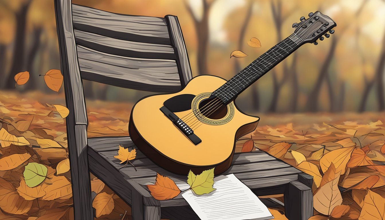 A guitar resting on a weathered wooden chair, surrounded by fallen autumn leaves, with a pen and paper nearby