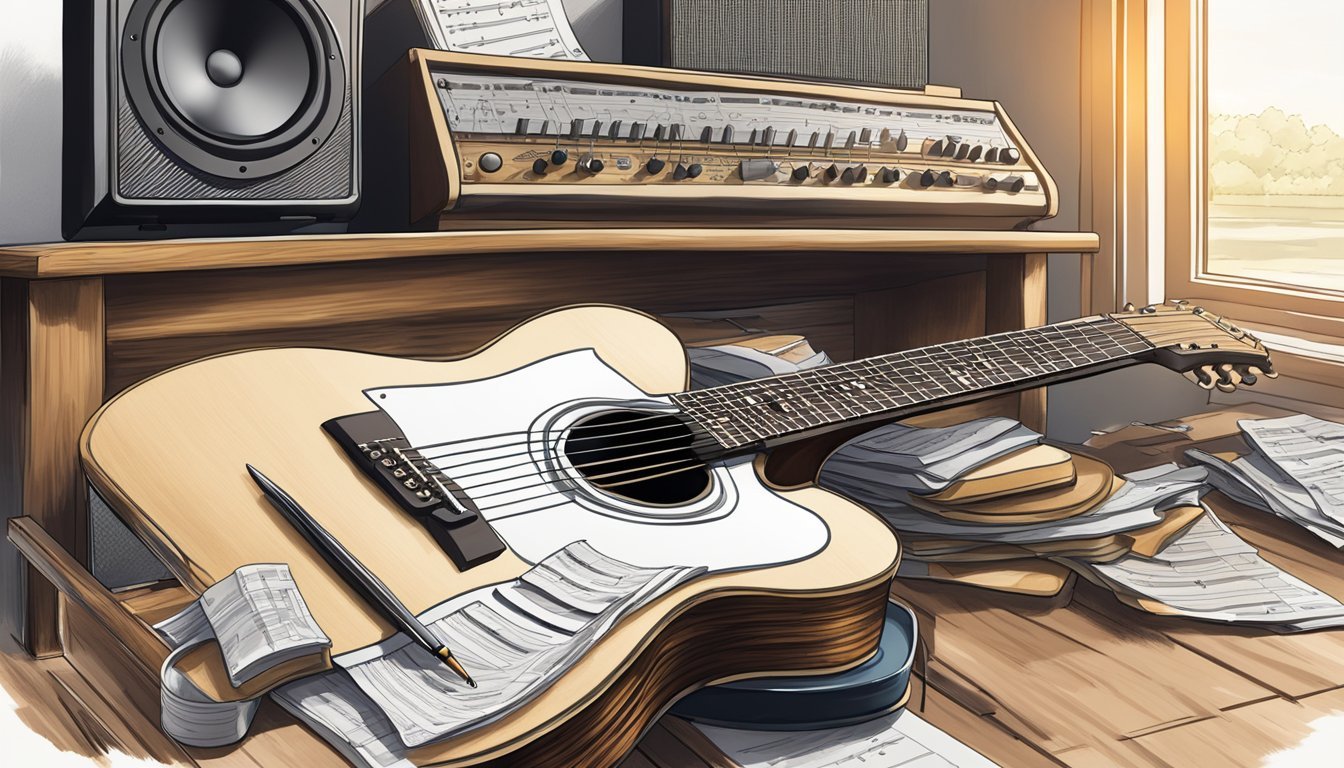 A guitar resting on a stool, surrounded by scattered sheet music and a pen.</p><p>A recording studio setup in the background