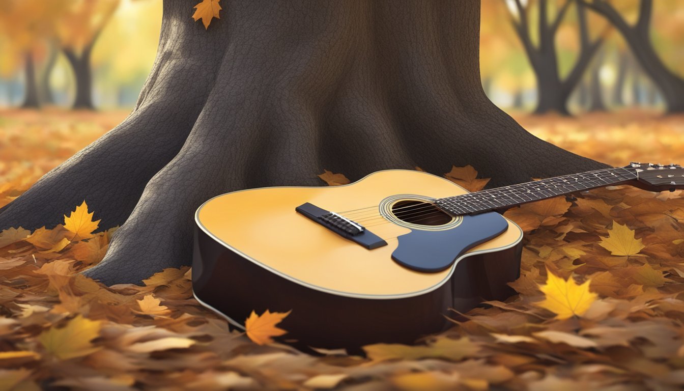 A guitar resting against a tree, surrounded by fallen leaves and a gentle breeze