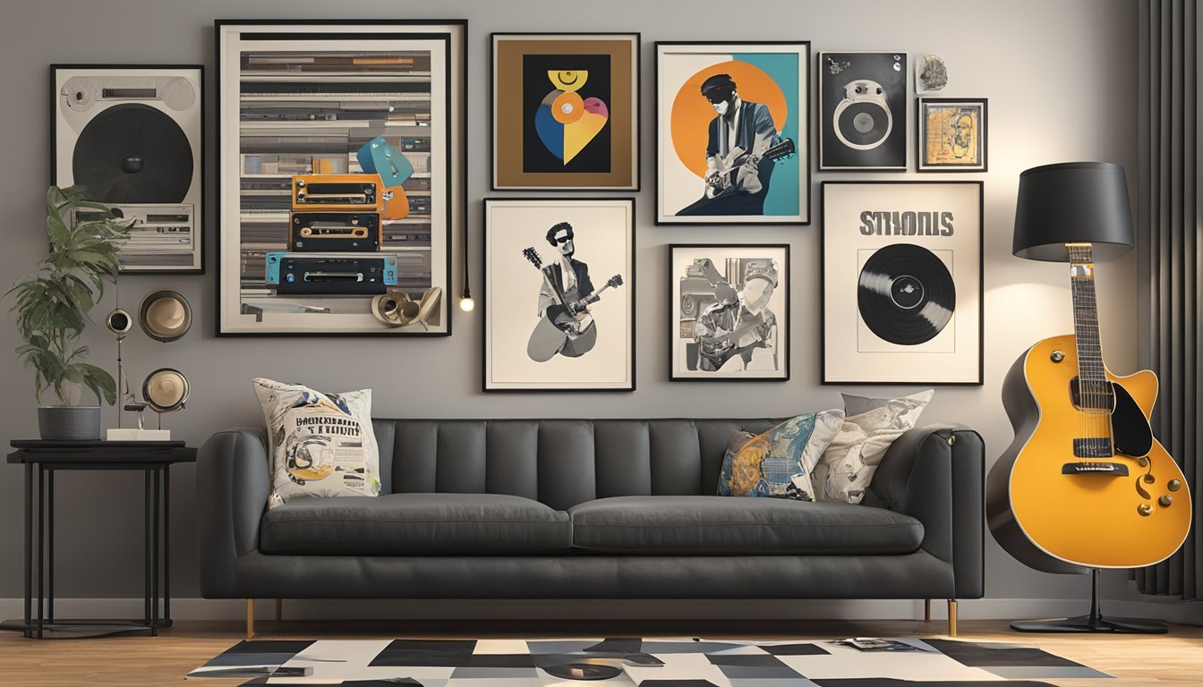 A guitar resting against a wall adorned with posters of iconic musicians, surrounded by vinyl records and music memorabilia