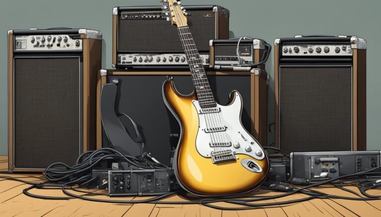Electric guitar leaning against amplifiers with cables and equipment