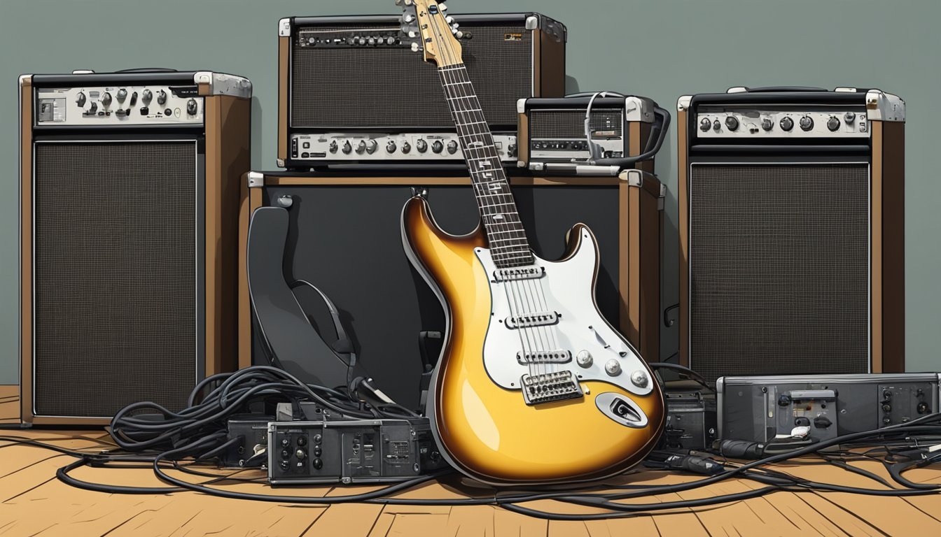 Electric guitar leaning against amplifiers with cables and equipment