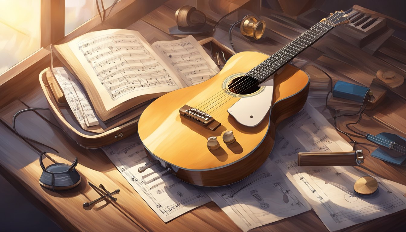 A guitar resting on a wooden stand, surrounded by music sheets and a metronome, with a soft light shining on it from above