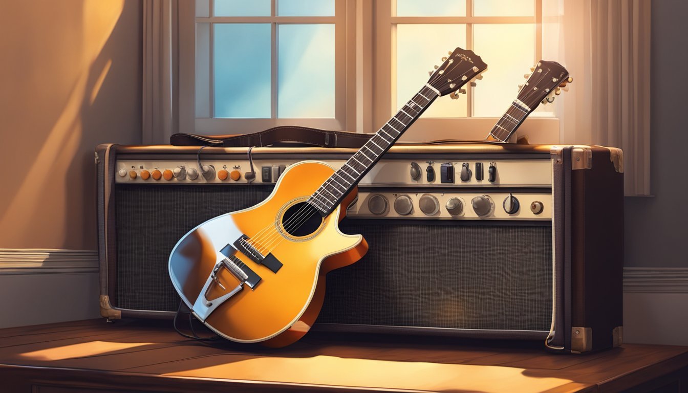 A guitar resting on a vintage amplifier, surrounded by vinyl records and a worn leather strap.</p><p>The warm light from a nearby window casts shadows across the instruments