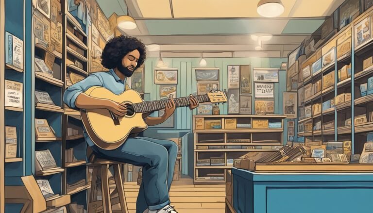 Man playing acoustic guitar in a bookstore, surrounded by books