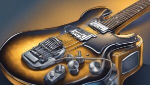 Close-up of a sunburst electric guitar with chrome hardware and strings
