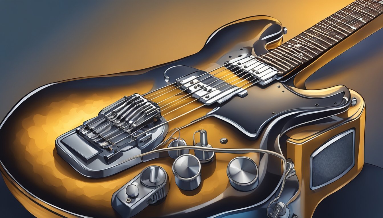 Close-up of a sunburst electric guitar with chrome hardware and strings