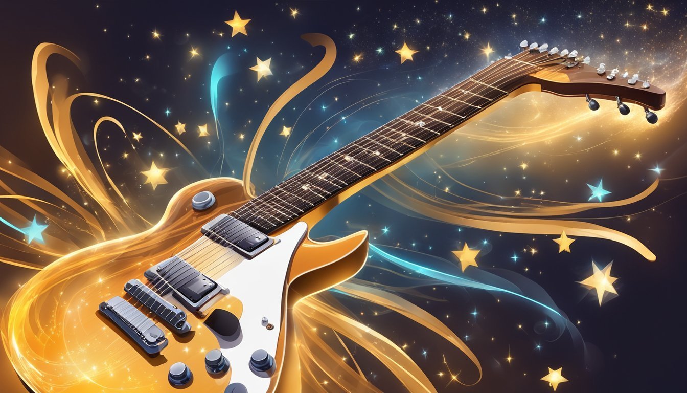 Electric guitar with gold accents, stars, and a cosmic background