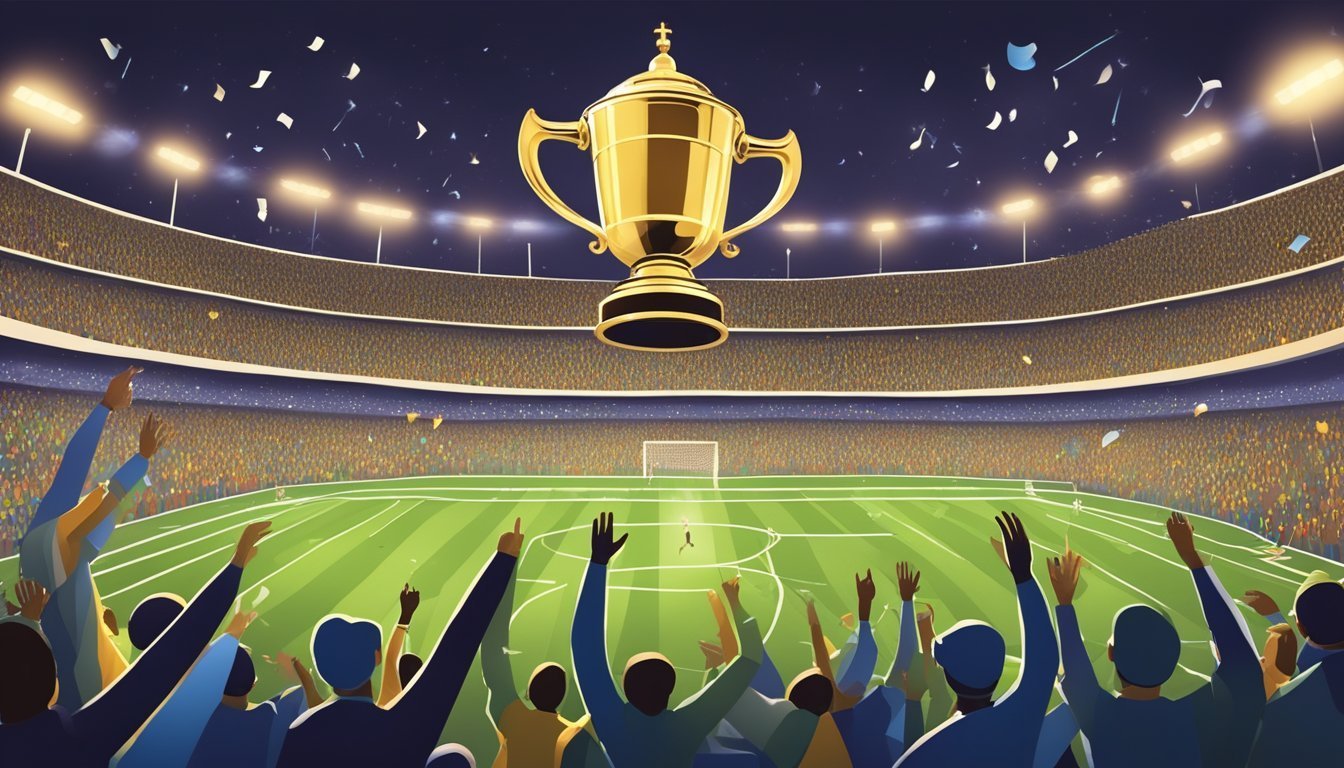 Golden trophy over a soccer stadium with cheering fans