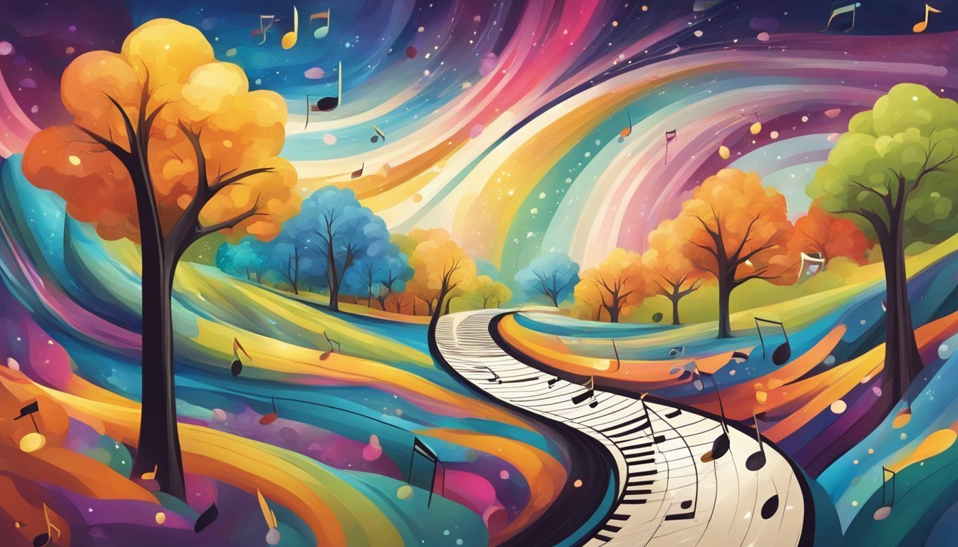 Colorful landscape with piano keys path, trees, and musical notes