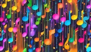 Colorful musical notes and lines on a dark background