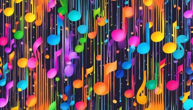 Colorful musical notes and lines on a dark background