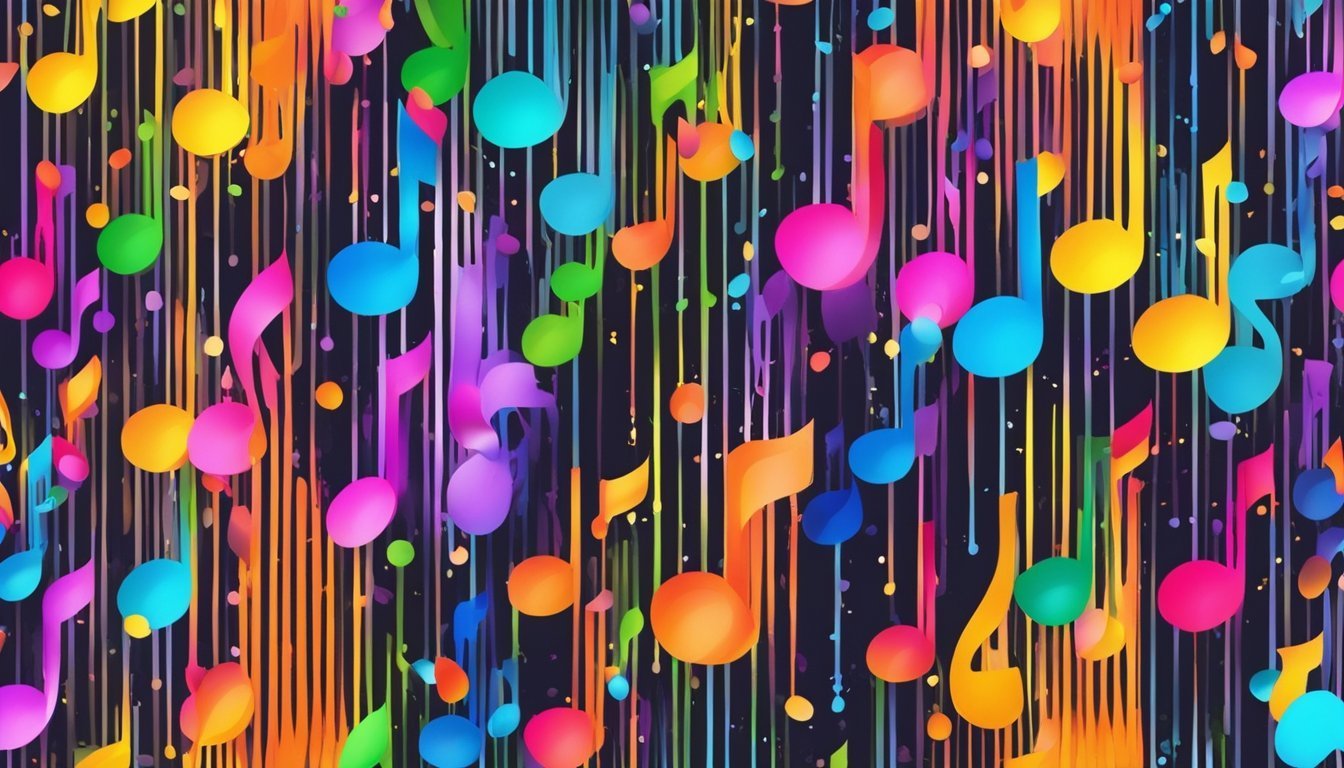 Colorful musical notes and lines on a dark background