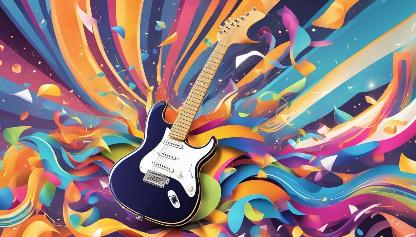 Electric guitar with colorful abstract background of flowing shapes