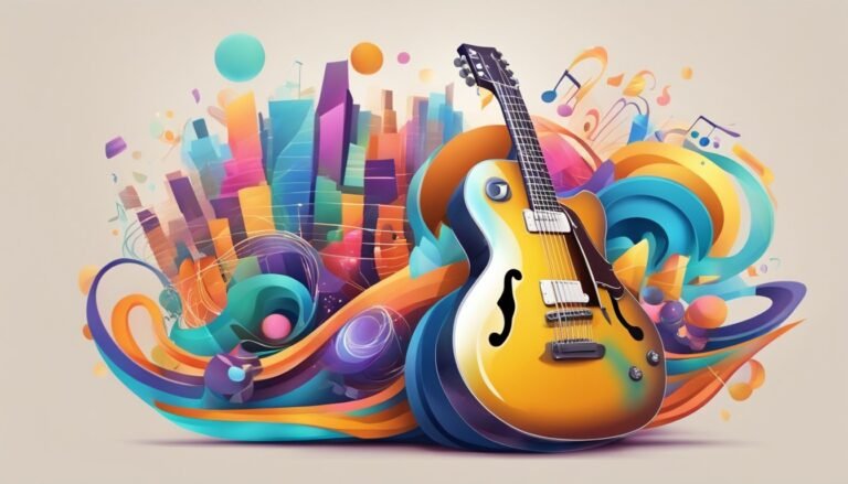 Yellow guitar with colorful abstract background of city and music notes