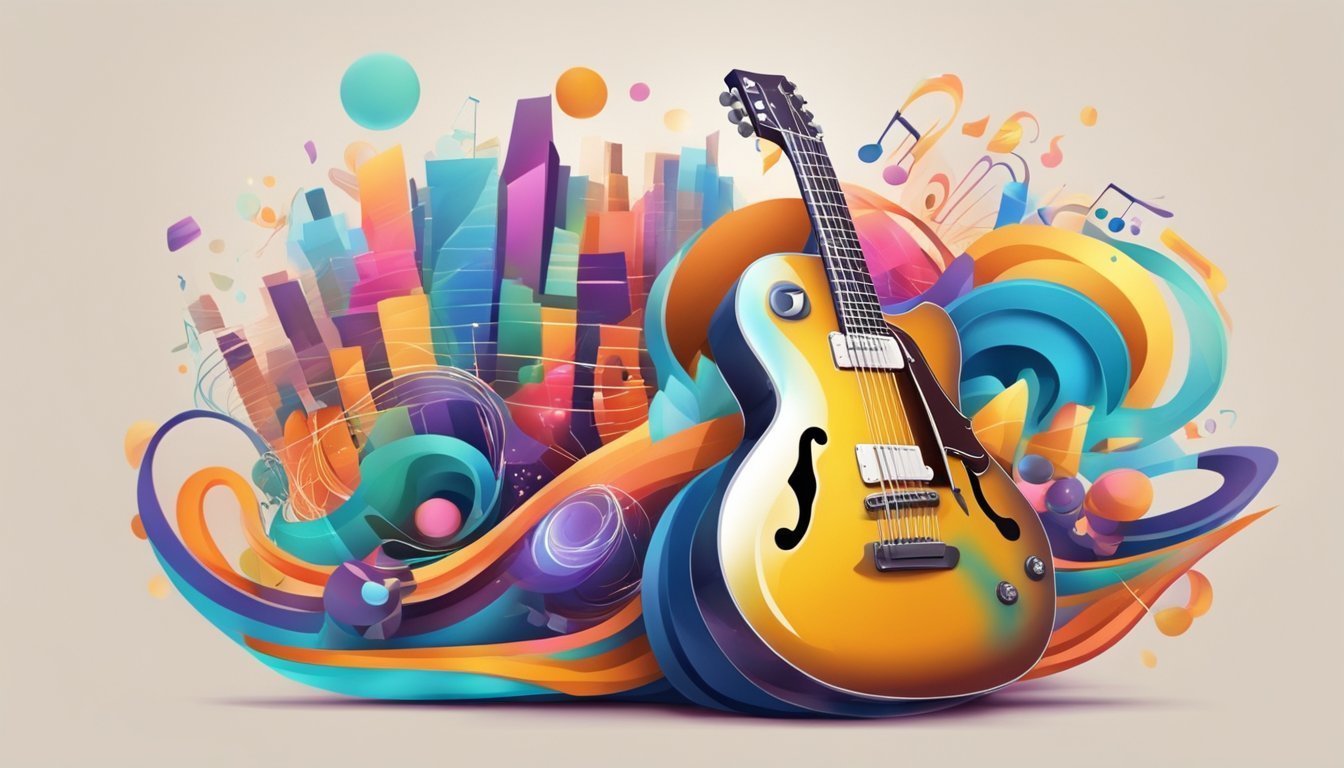 Yellow guitar with colorful abstract background of city and music notes