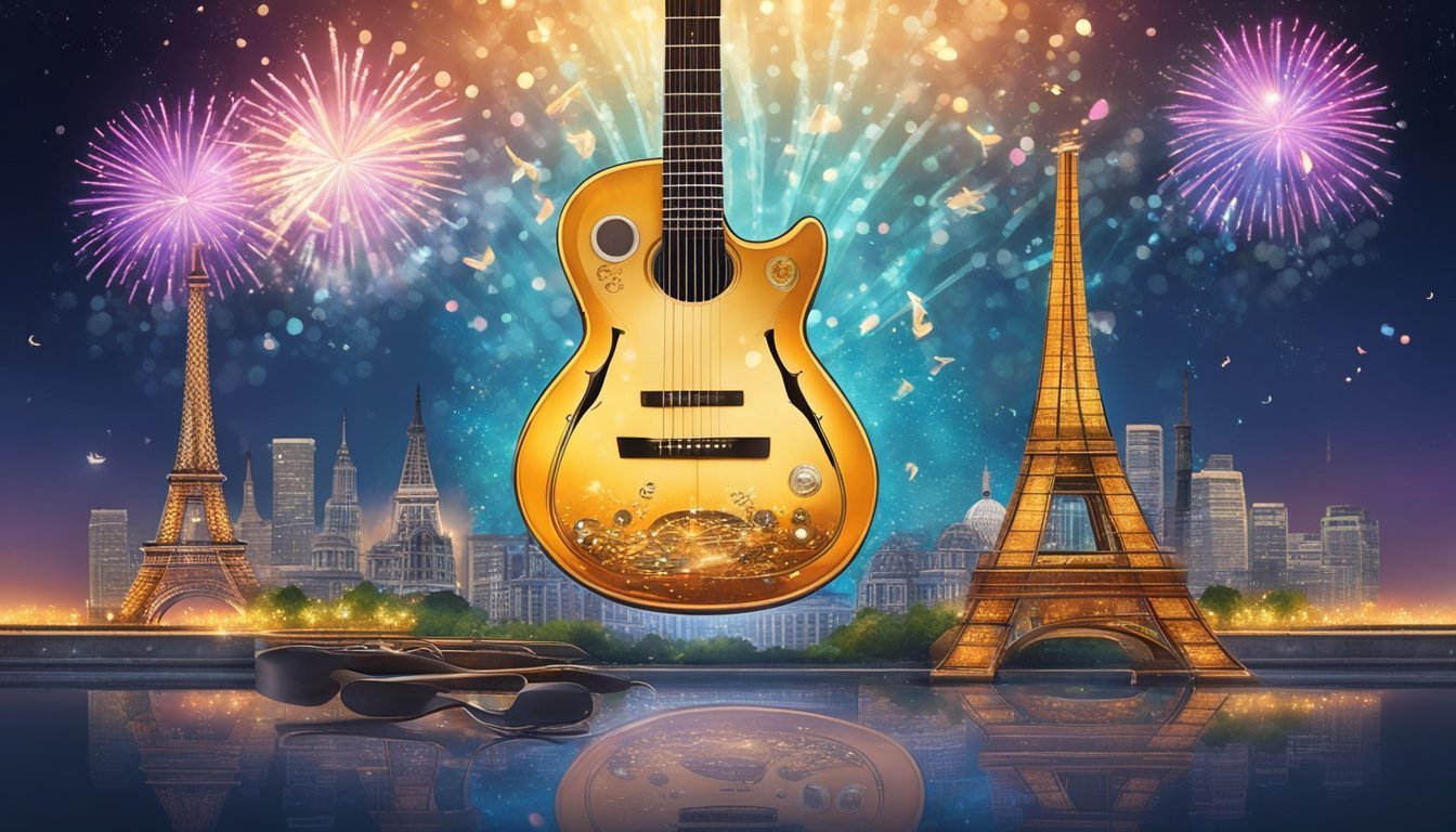 Golden guitar over Paris skyline with fireworks and Eiffel Tower