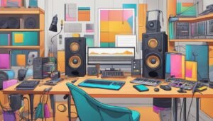 Music studio with speakers, computer, keyboard, and mixing equipment on desk
