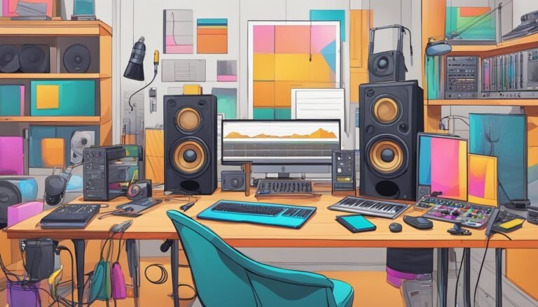 Music studio with speakers, computer, keyboard, and mixing equipment on desk