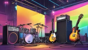 Stage setup with drums, guitars, and amplifiers against a colorful backdrop