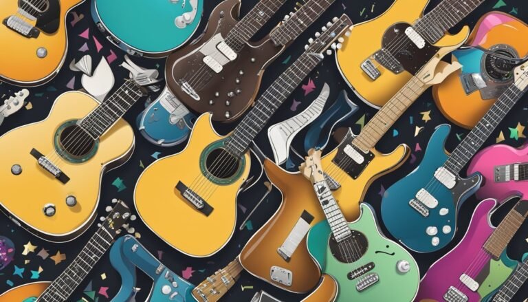 Colorful guitars of various types and colors arranged on a dark background