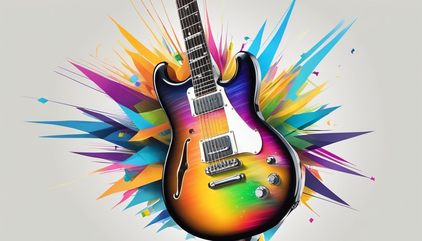 Rainbow-colored electric guitar with colorful abstract burst background