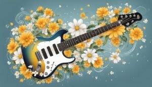 Electric guitar surrounded by yellow and white flowers on a blue background