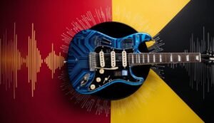 Blue circuit board guitar on a colorful background with sound waves