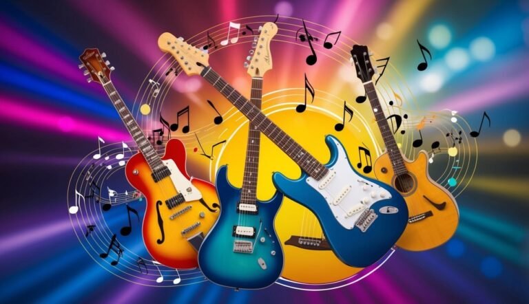 Four guitars with musical notes on a colorful background