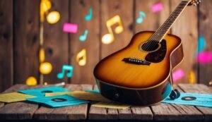 Acoustic guitar on a wooden table with musical notes and records