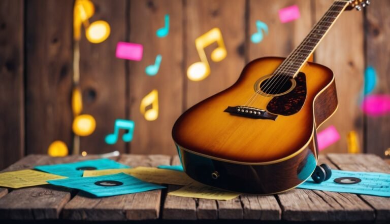 Acoustic guitar on a wooden table with musical notes and records