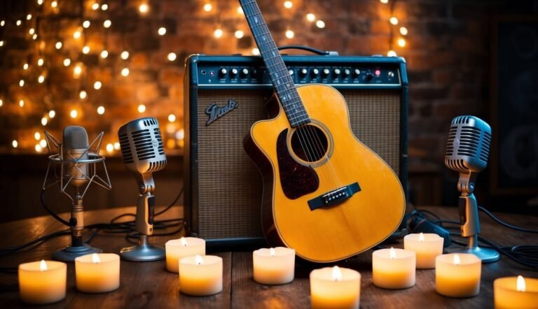 Acoustic guitar leaning on amp, microphones, candles, and fairy lights