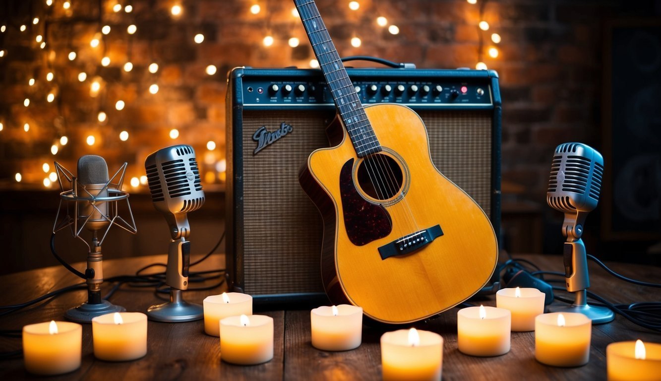 Acoustic guitar leaning on amp, microphones, candles, and fairy lights
