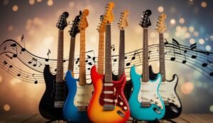 Six electric guitars in a row with musical notes in the background